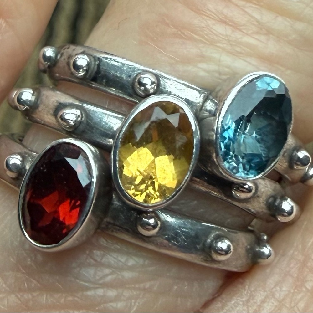 Stackable Silver Ring Set with Blue Topaz, Citrine, and Garnet - Picture 2 of 6